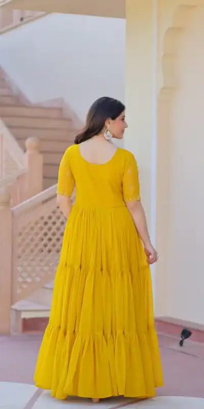 KA 1173 Yellow Faux Blooming Gown Perfect for Wedding, Party, Eid, Pooja, Baisakhi – . Now at just ₹1849. Delivery 4-6 Working Days. Shop now. | Bollywood Gowns, Creative Gowns, Designer Gowns, Embroidered Gowns, Gowns, Party Wear Gowns