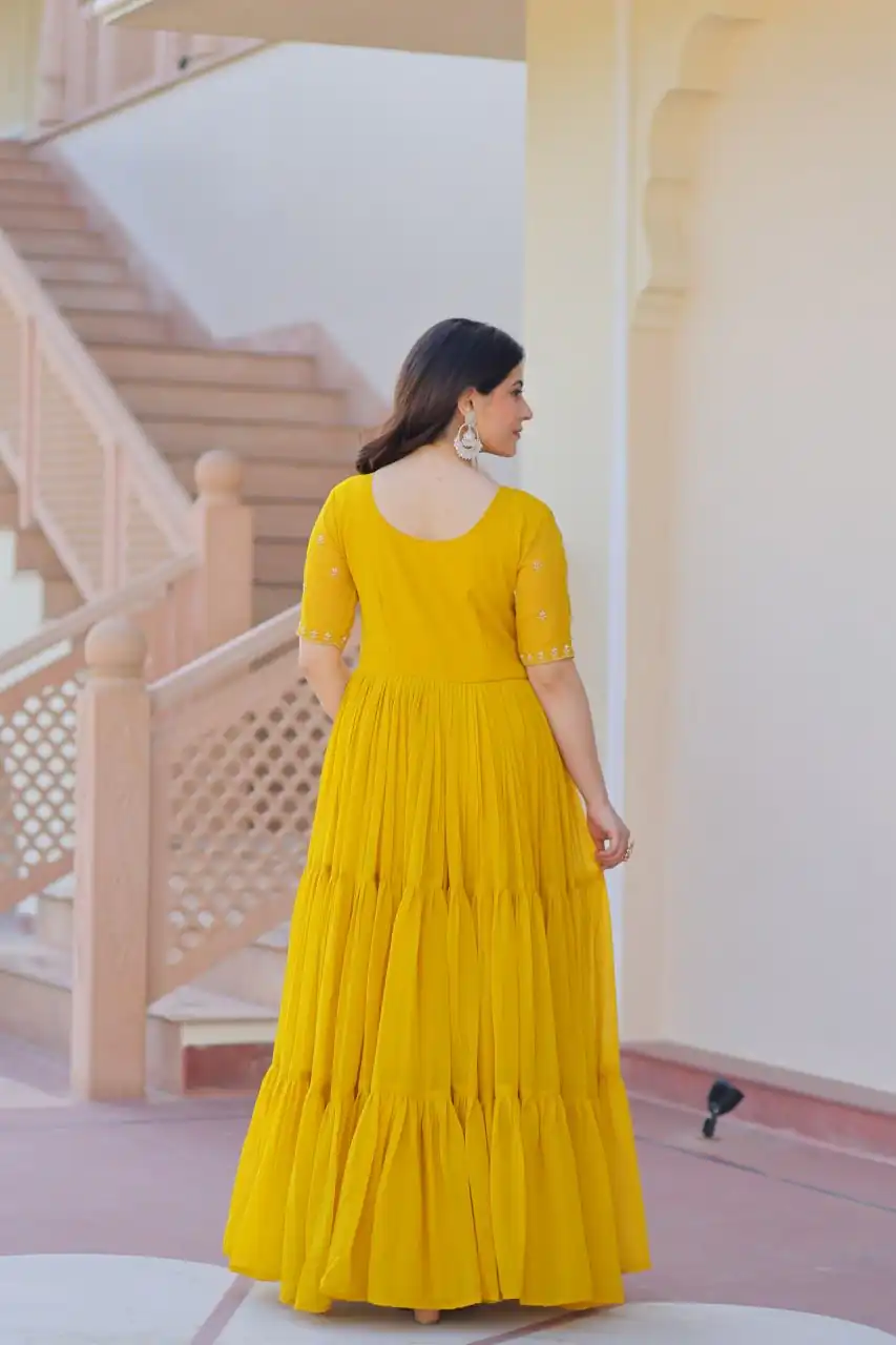 KA 1173 Yellow Faux Blooming Gown Perfect for Wedding, Party, Eid, Pooja, Baisakhi – . Now at just ₹1849. Delivery 4-6 Working Days. Shop now. | Bollywood Gowns, Creative Gowns, Designer Gowns, Embroidered Gowns, Gowns, Party Wear Gowns