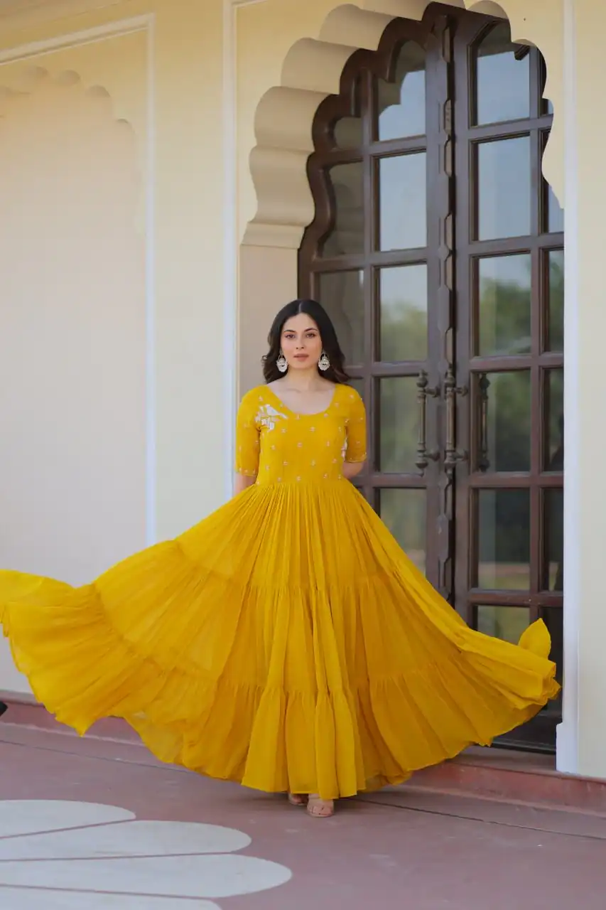 KA 1173 Yellow Faux Blooming Gown Perfect for Wedding, Party, Eid, Pooja, Baisakhi – . Now at just ₹1849. Delivery 4-6 Working Days. Shop now. | Bollywood Gowns, Creative Gowns, Designer Gowns, Embroidered Gowns, Gowns, Party Wear Gowns