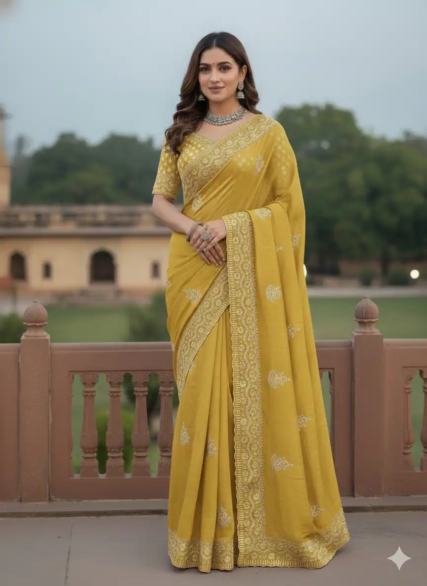 JR 654 Yellow Color Soft Gold Crush Saree with Embroidery Work. Affordable Price ₹2049. Delivery 4-6 Working Days. Shop now. | Creative Sarees, Bollywood Sarees, Designer Sarees, Embroidered Sarees, Ethnic Saree, Modern Digital sarees, Party Wear Sarees, Sarees