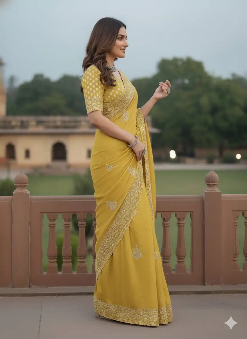 JR 654 Yellow Color Soft Gold Crush Saree with Embroidery Work. Affordable Price ₹2049. Delivery 4-6 Working Days. Shop now. | Creative Sarees, Bollywood Sarees, Designer Sarees, Embroidered Sarees, Ethnic Saree, Modern Digital sarees, Party Wear Sarees, Sarees