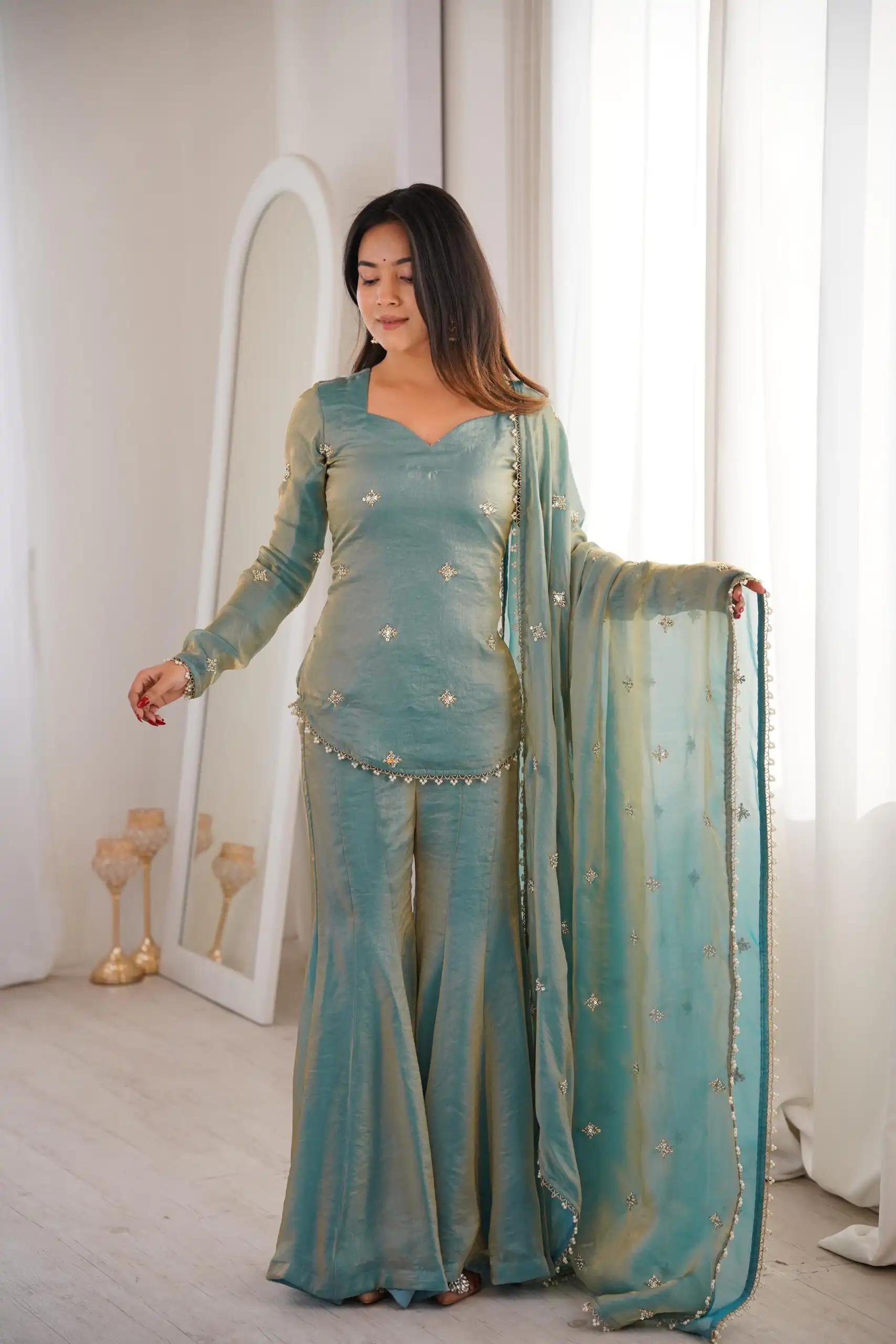 Pista Fendy Silk Embroidery Lace Work Salwar Suit