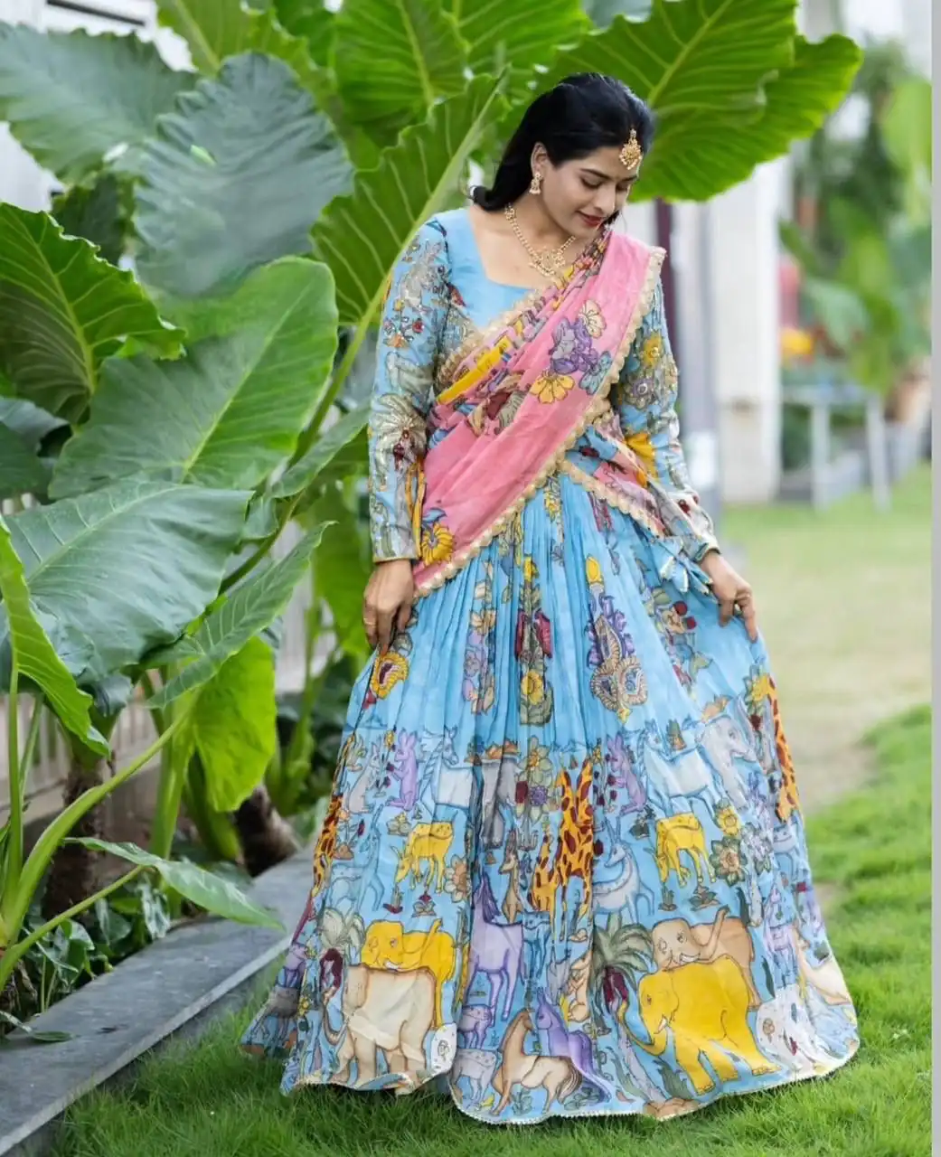 Aglow Blue Cotton Kalamkari Print Lehenga Choli