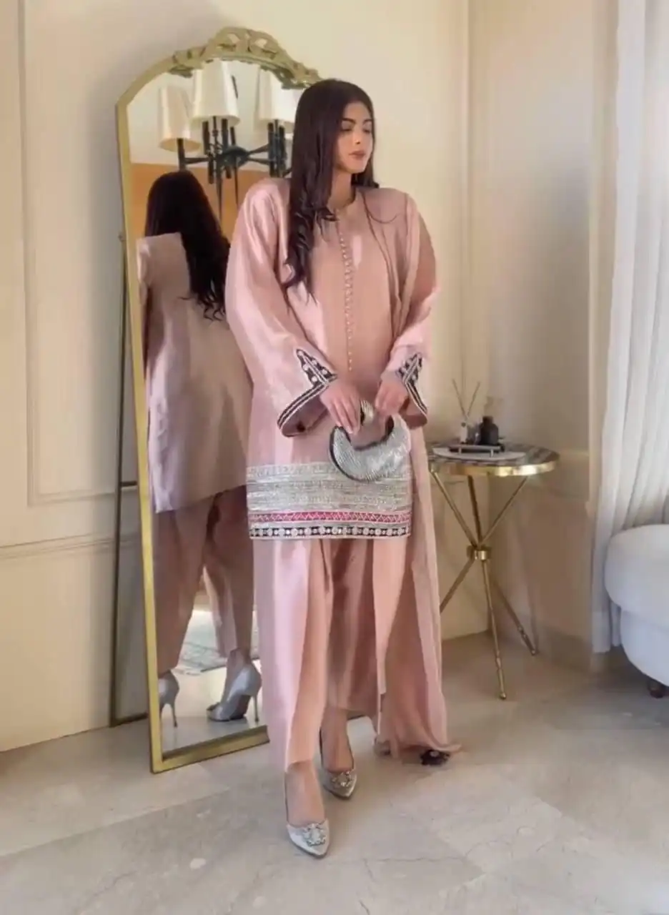 Aglow Light Pink Natural Crap Embroidery Work Salwar Suit - Image 3