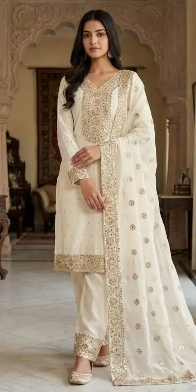 Alluring Off White Fendy Silk Sequence Work Salwar Suit