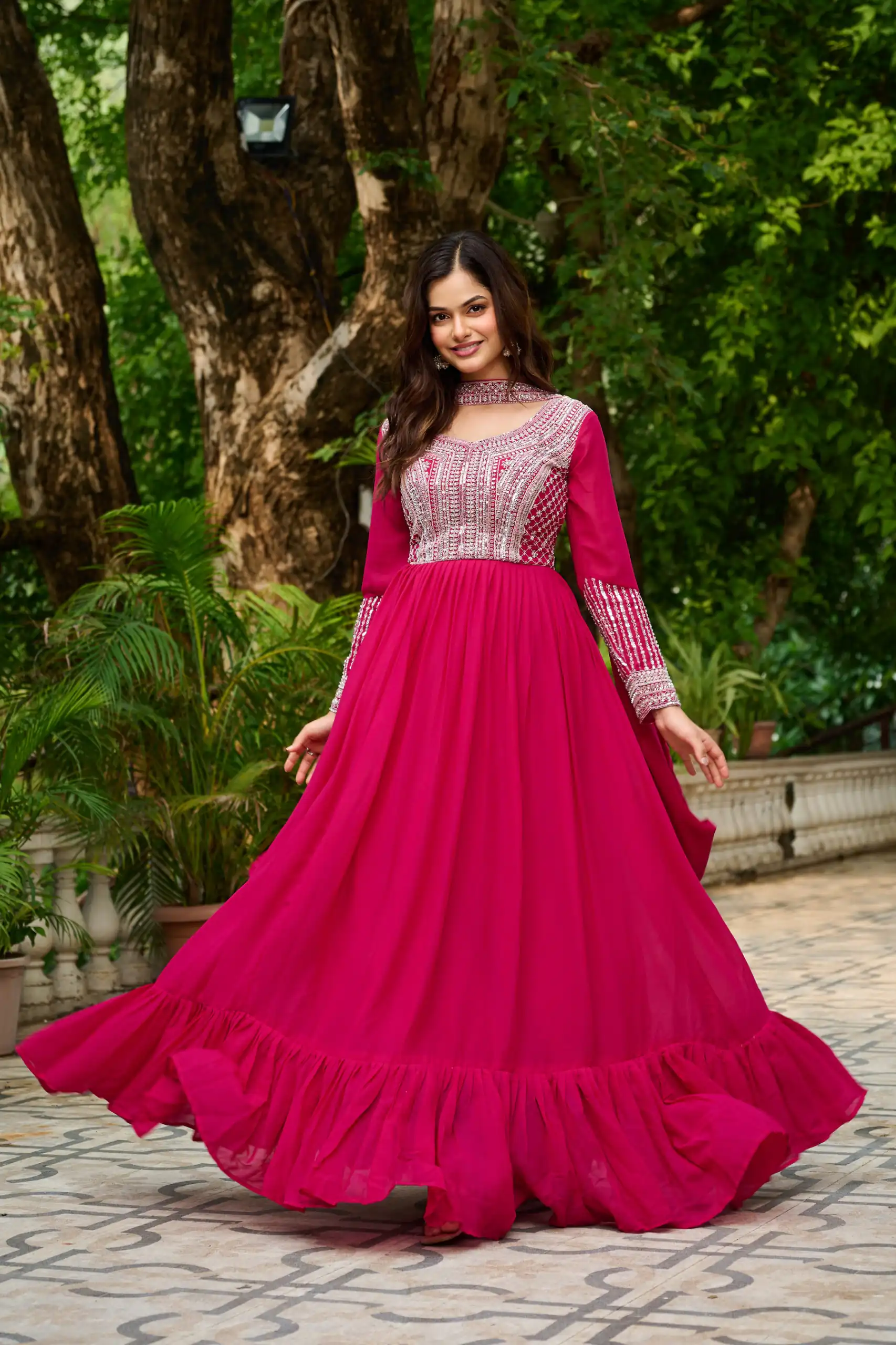 Alluring Pink Georgette Beads Sequins Work Gown - Image 4