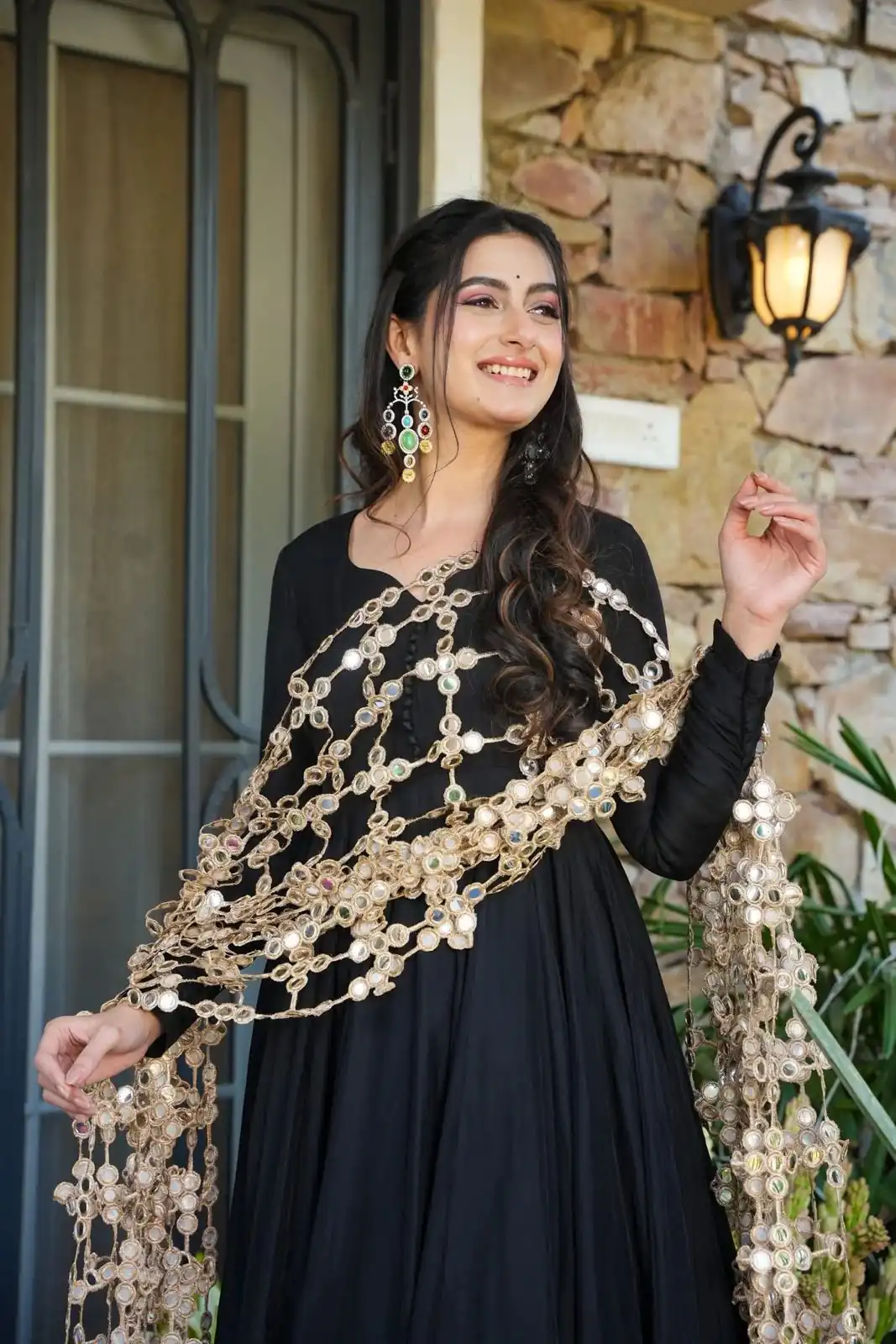 Classic Black Roman Silk Net Mirror Dupatta Gown - Image 5