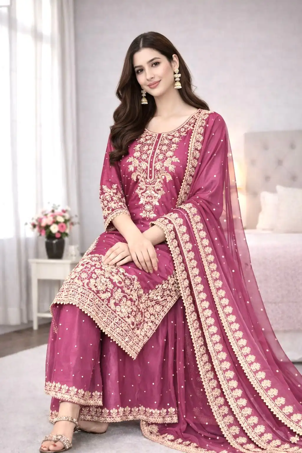 Classic Rani Pink Organza Silk Embroidery Work Salwar Suit - Image 3