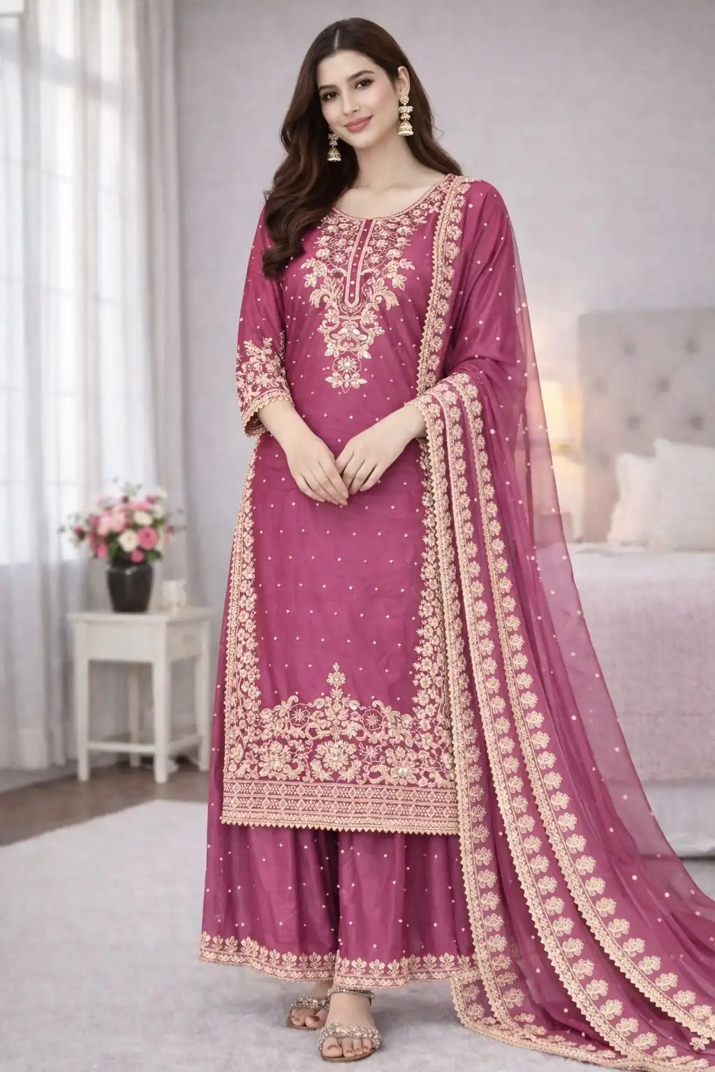 Classic Rani Pink Organza Silk Embroidery Work Salwar Suit - Image 2