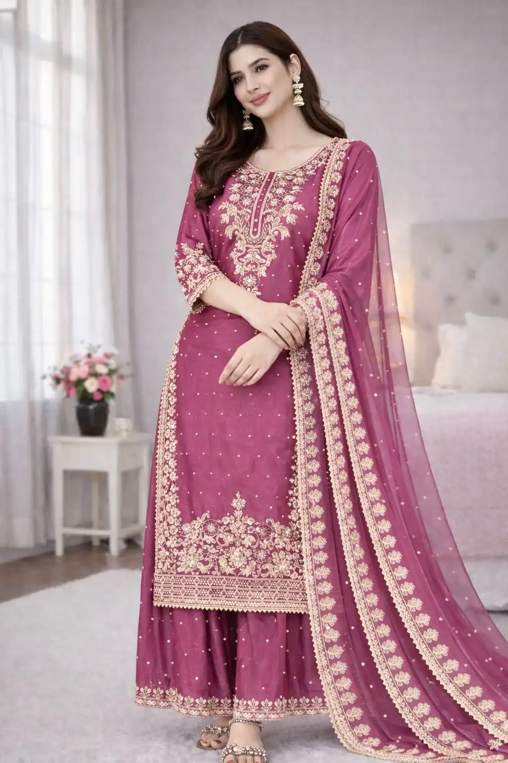 Classic Rani Pink Organza Silk Embroidery Work Salwar Suit