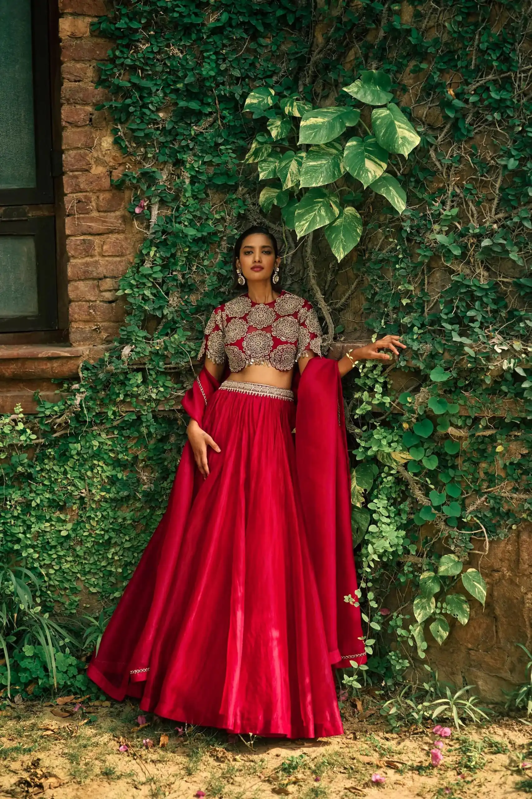Classic Red Roman Silk Sequins Work Lehenga Choli