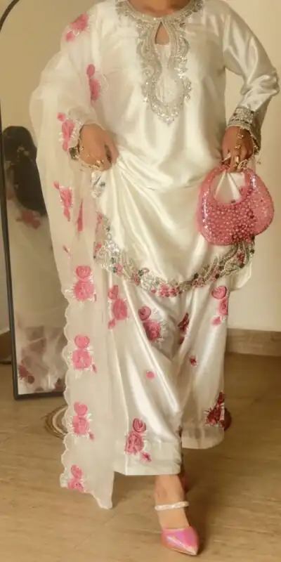 Dreamy Off White Japan Satin Embroidery Work Salwar Suit
