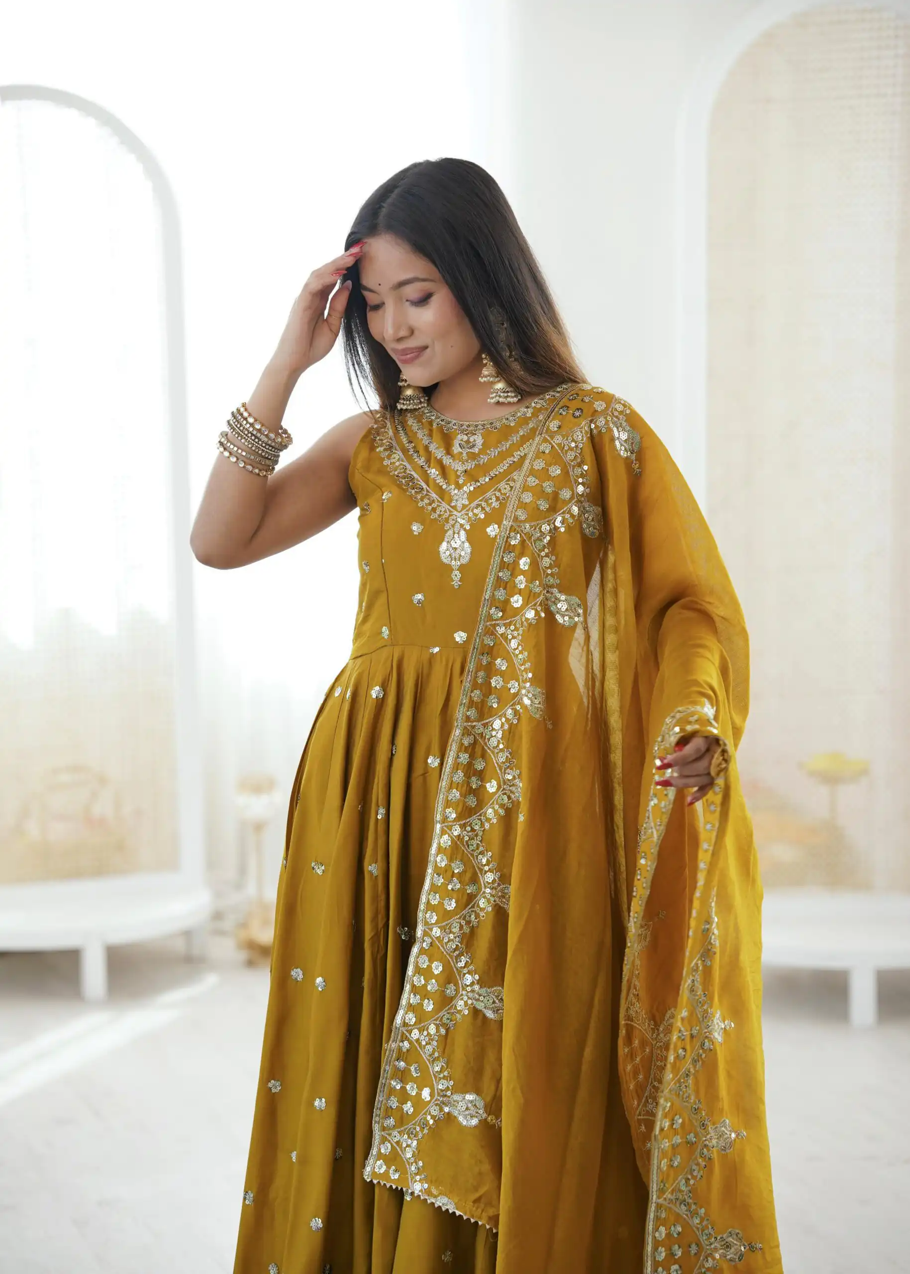Elegant Mustered Roman Silk Embroidery Work Gown - Image 4