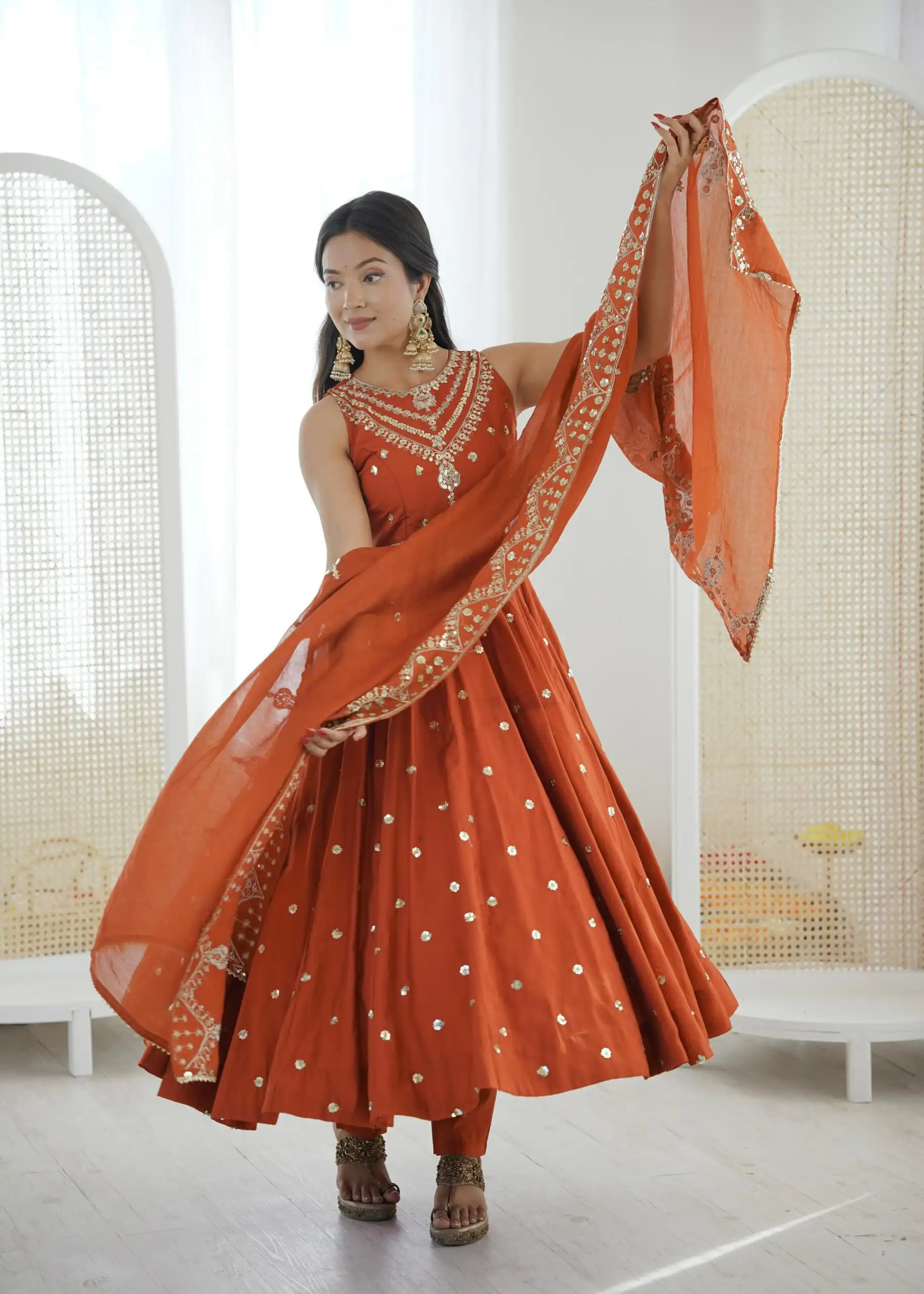 Elegant Rust Roman Silk Embroidery Work Gown - Image 6