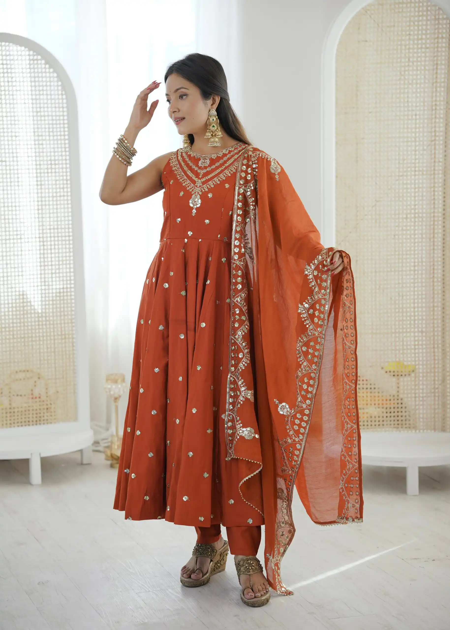 Elegant Rust Roman Silk Embroidery Work Gown