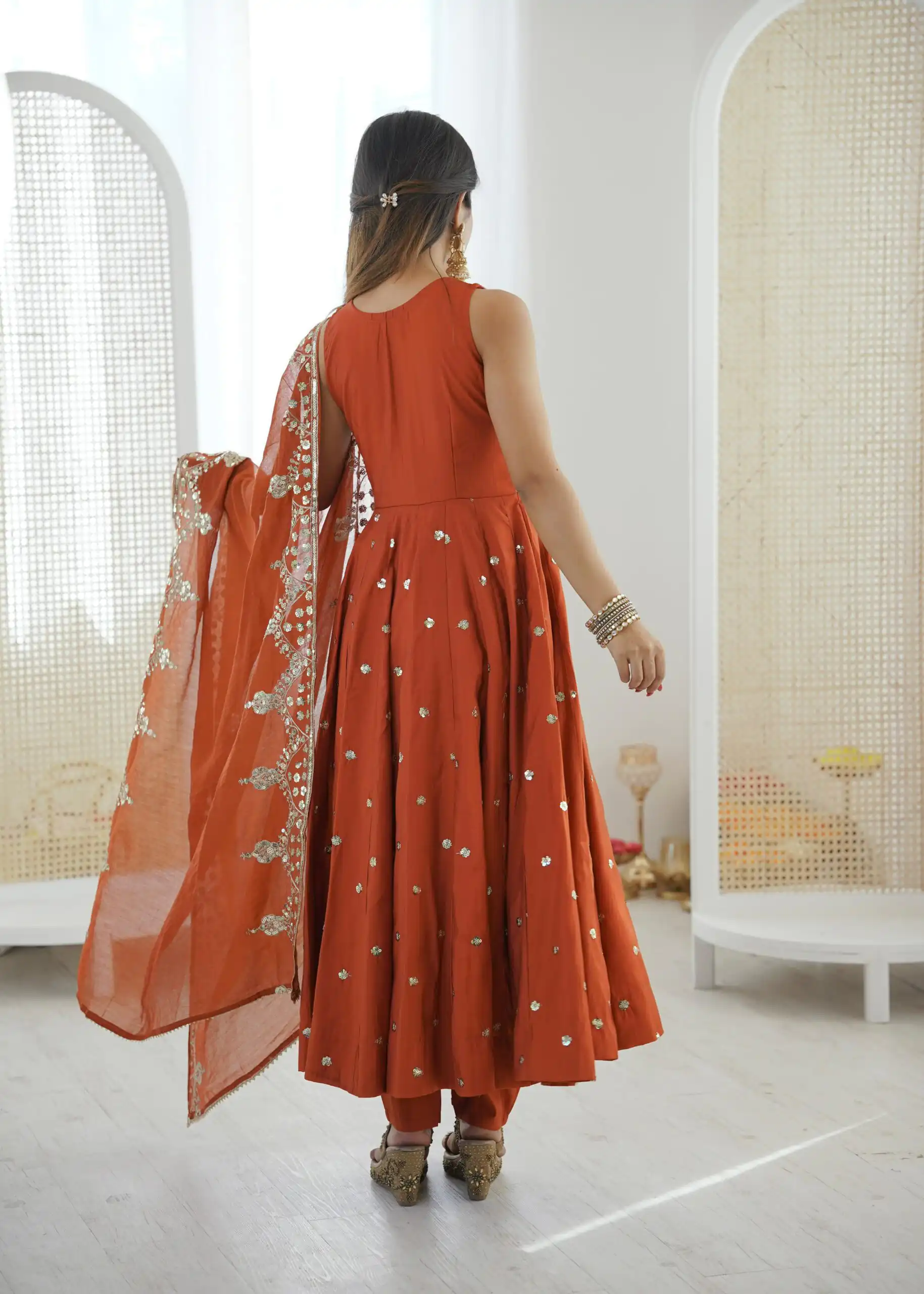 Elegant Rust Roman Silk Embroidery Work Gown - Image 5