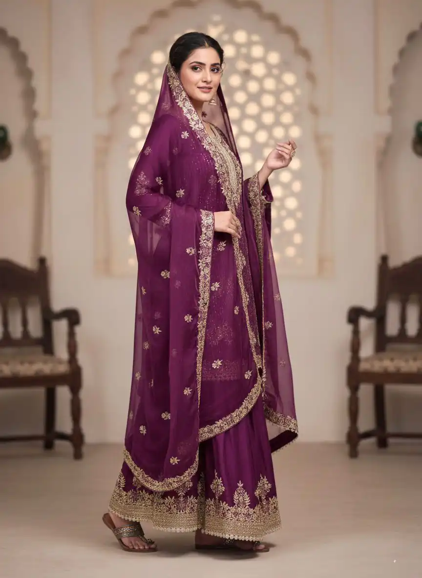 Fair Wine Organza Silk Embroider Cut Work Salwar Suit - Image 2