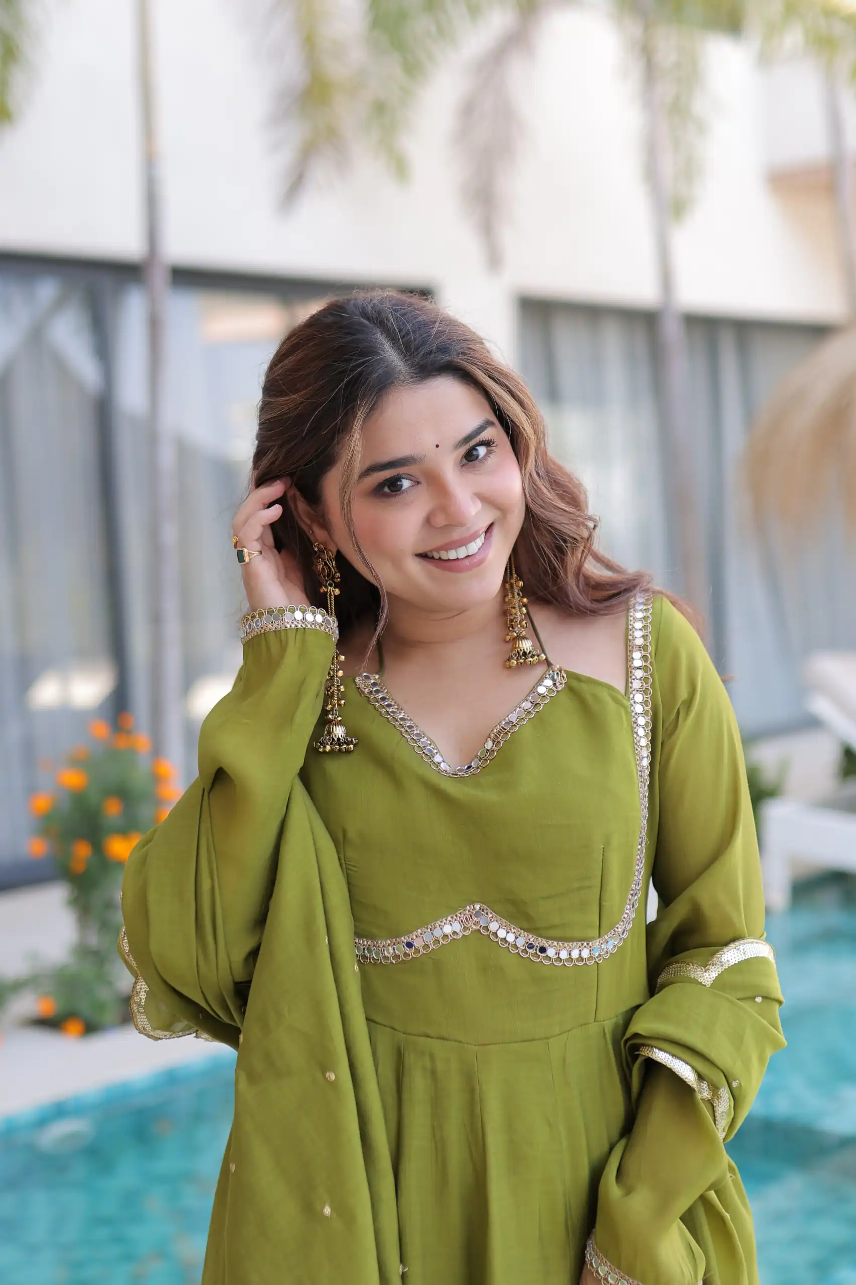 Lovely Mehendi Mul Chanderi Mirror Lace Work Anarkali Suit - Image 2