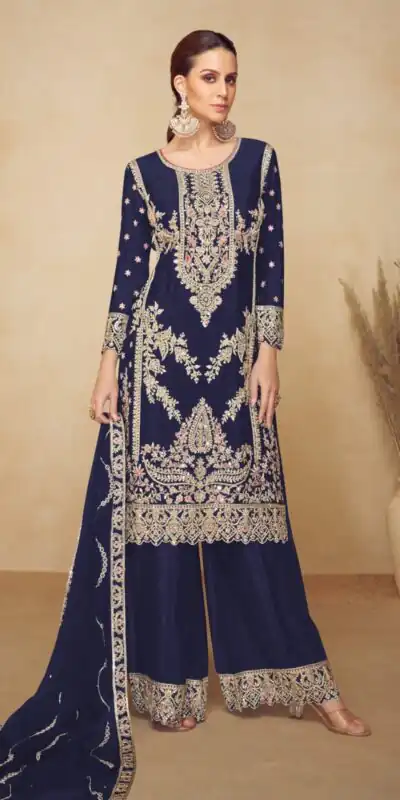Lovely Navy Blue Viscous Chinon Embroidery Work Salwar Suit
