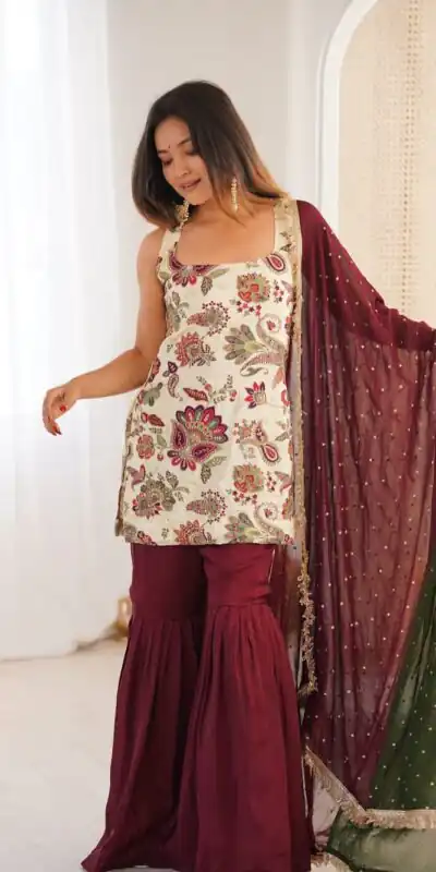 Maroon Natural Silk Embroidery Work Salwar Suit