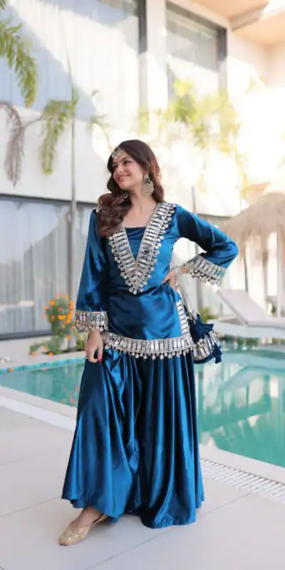 Perfect Blue 9000 Velvet Mirror Embroidery Work Salwar Suit