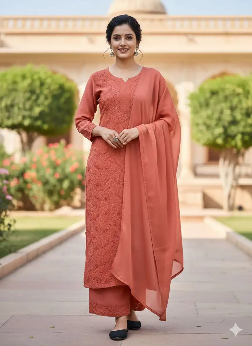 Perfect Peach Georgette Embroidery Work Salwar Suit
