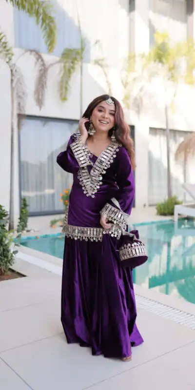 Perfect Purple 9000 Velvet Mirror Work Salwar Suit