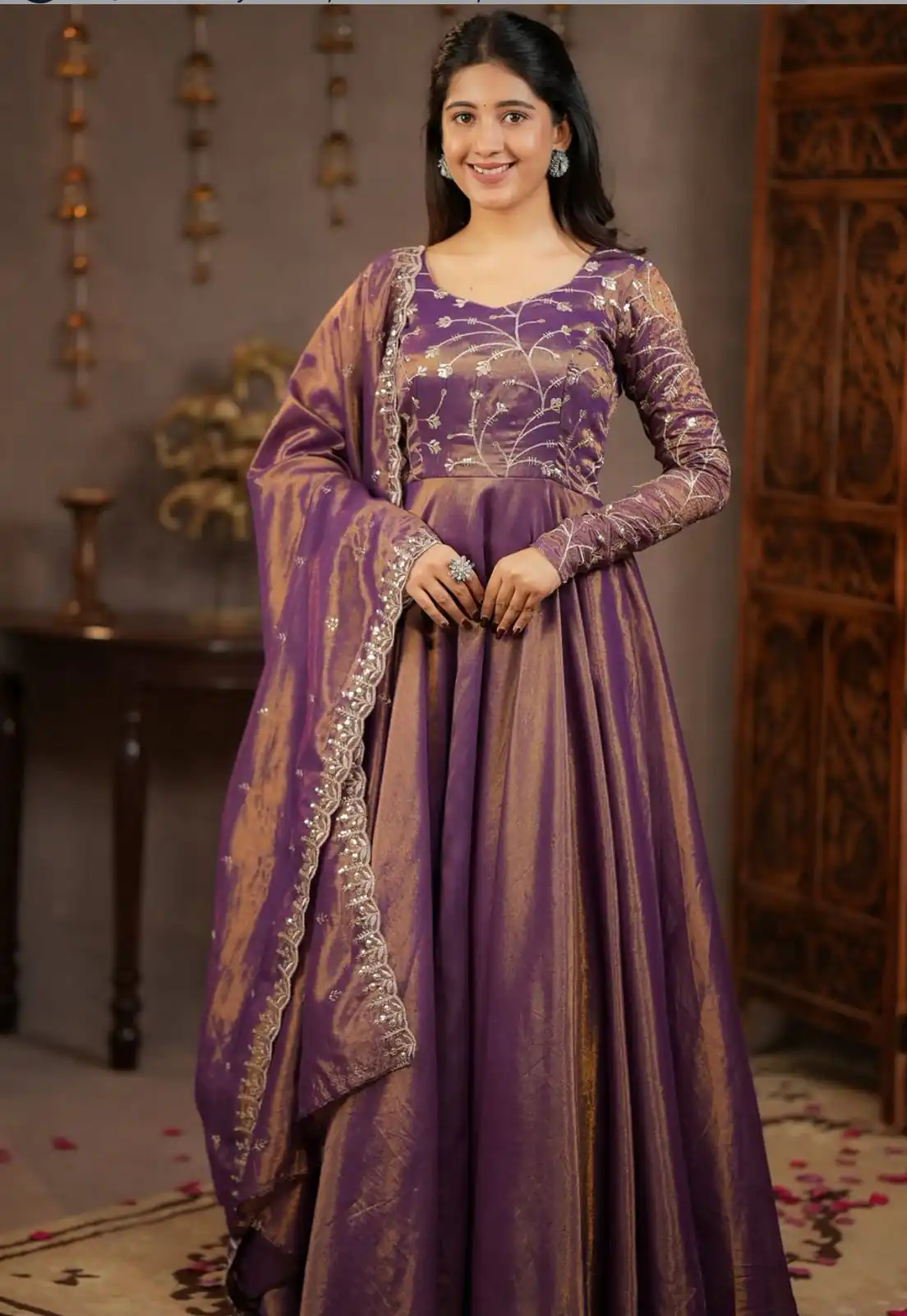 Perfect Purple Cosmos Silk Embroidery Work Anarkali Suit