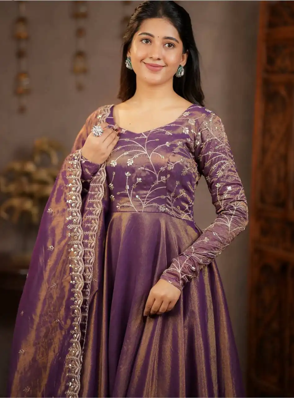 Perfect Purple Cosmos Silk Embroidery Work Anarkali Suit - Image 4