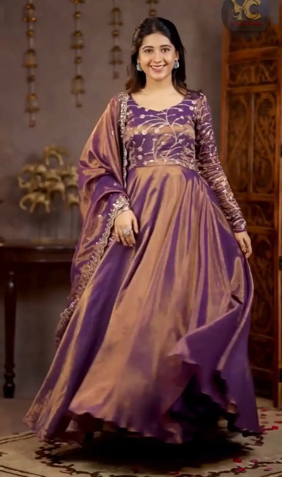 Perfect Purple Cosmos Silk Embroidery Work Anarkali Suit - Image 3