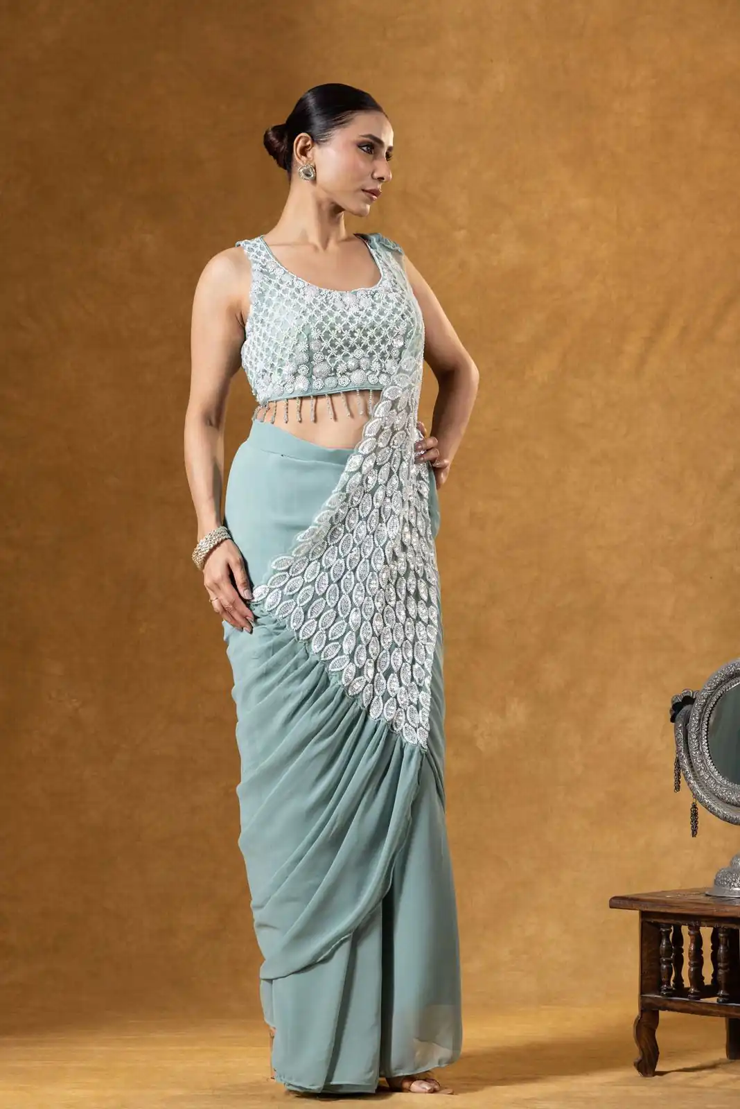 Pretty Grey Faux Georgette Embroider Work Saree