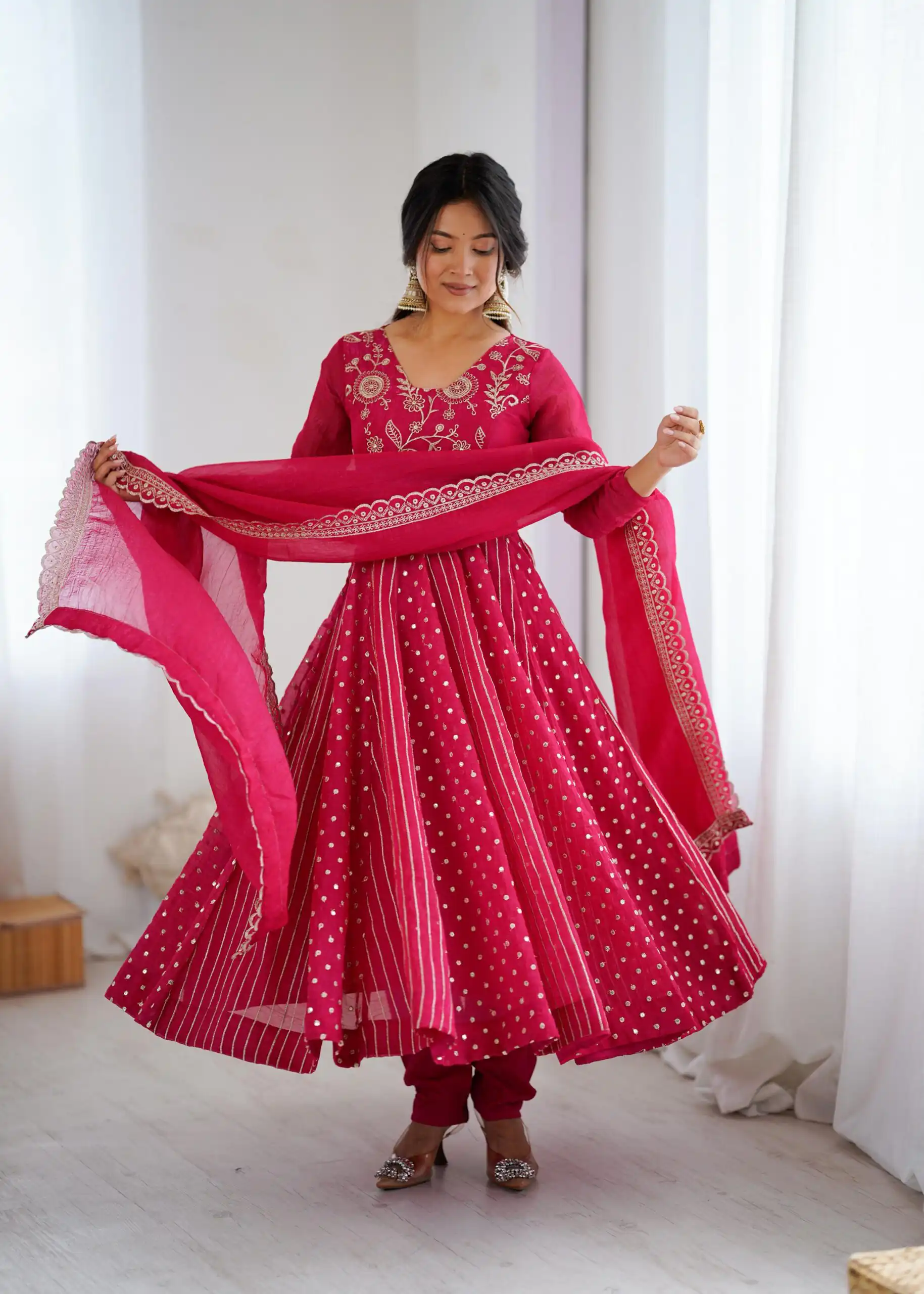 Pretty Pink Crunchy Silk Sequence Anarkali Gown - Image 6