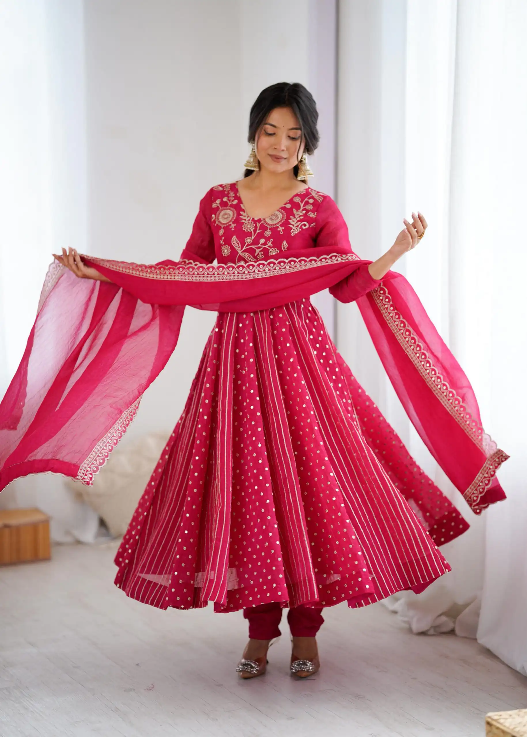 Pretty Pink Crunchy Silk Sequence Anarkali Gown - Image 11
