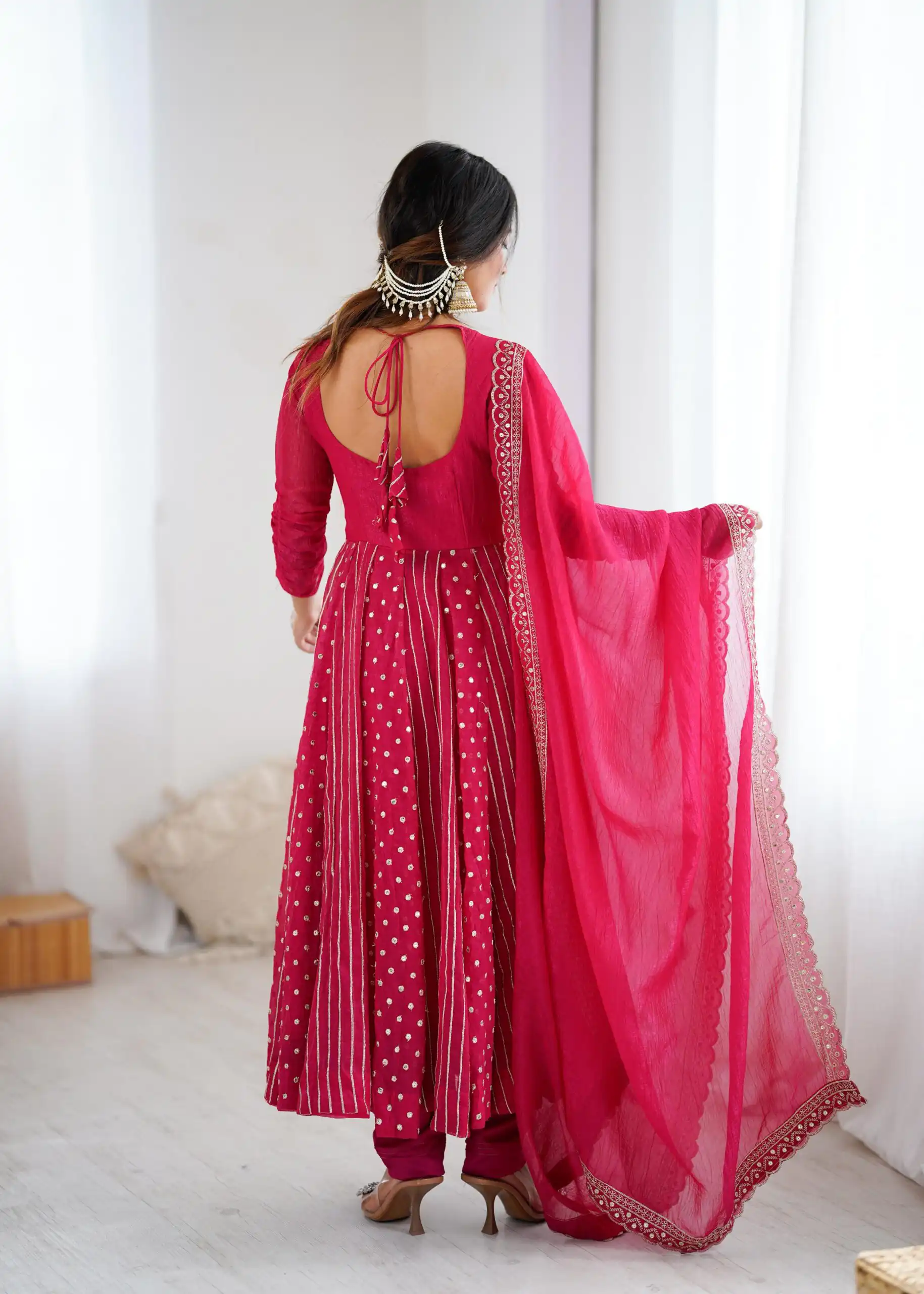 Pretty Pink Crunchy Silk Sequence Anarkali Gown - Image 14