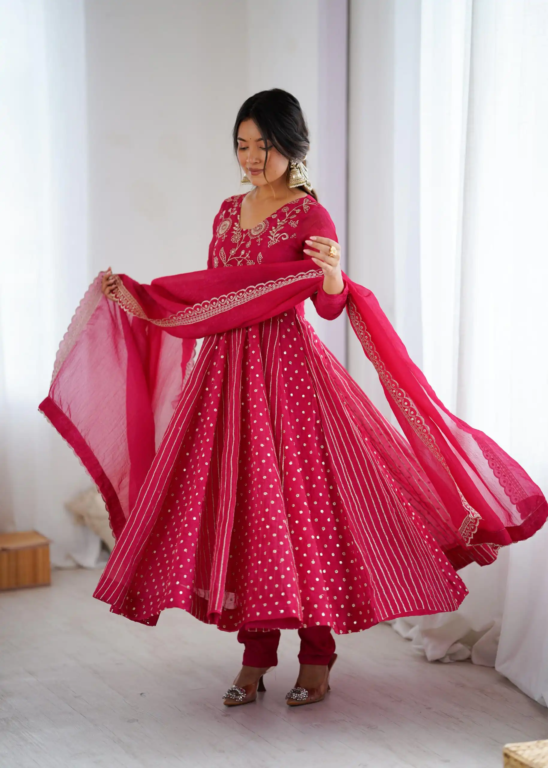 Pretty Pink Crunchy Silk Sequence Anarkali Gown - Image 5