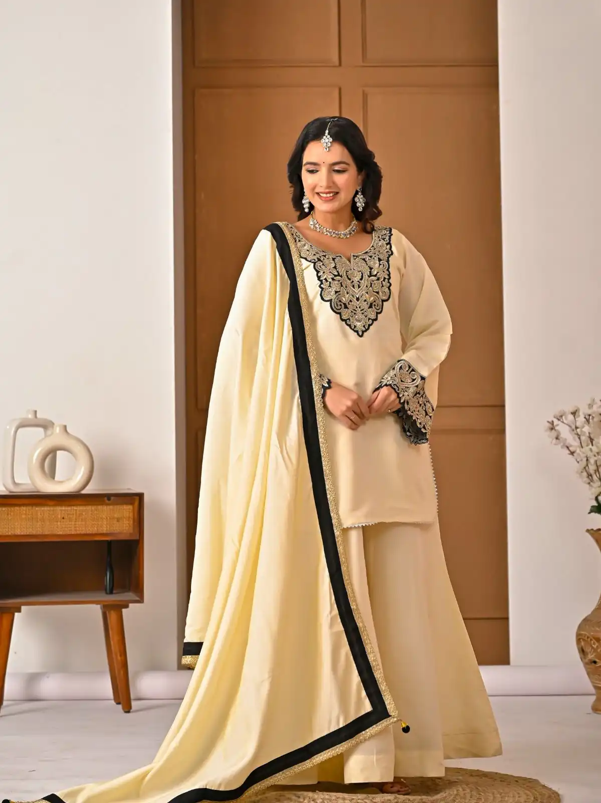 Shiny Cream Roman Silk Diamond Work Salwar Suit - Image 6