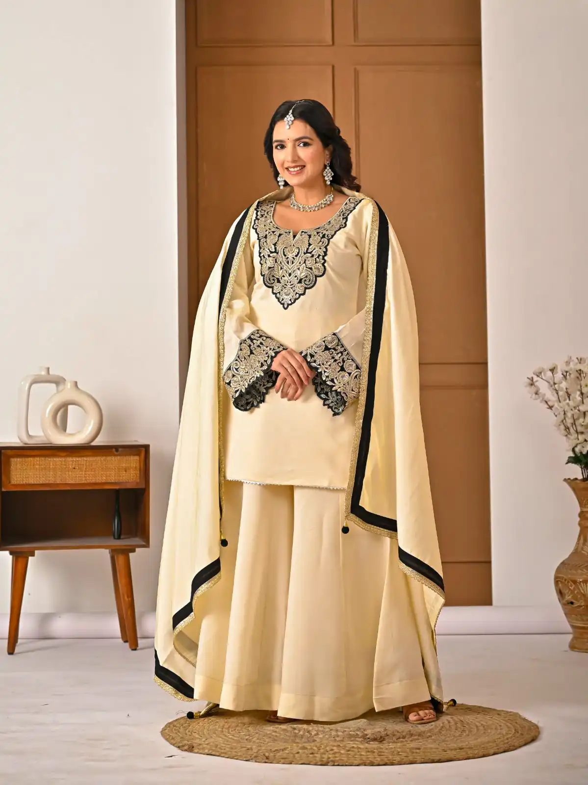 Shiny Cream Roman Silk Diamond Work Salwar Suit - Image 4