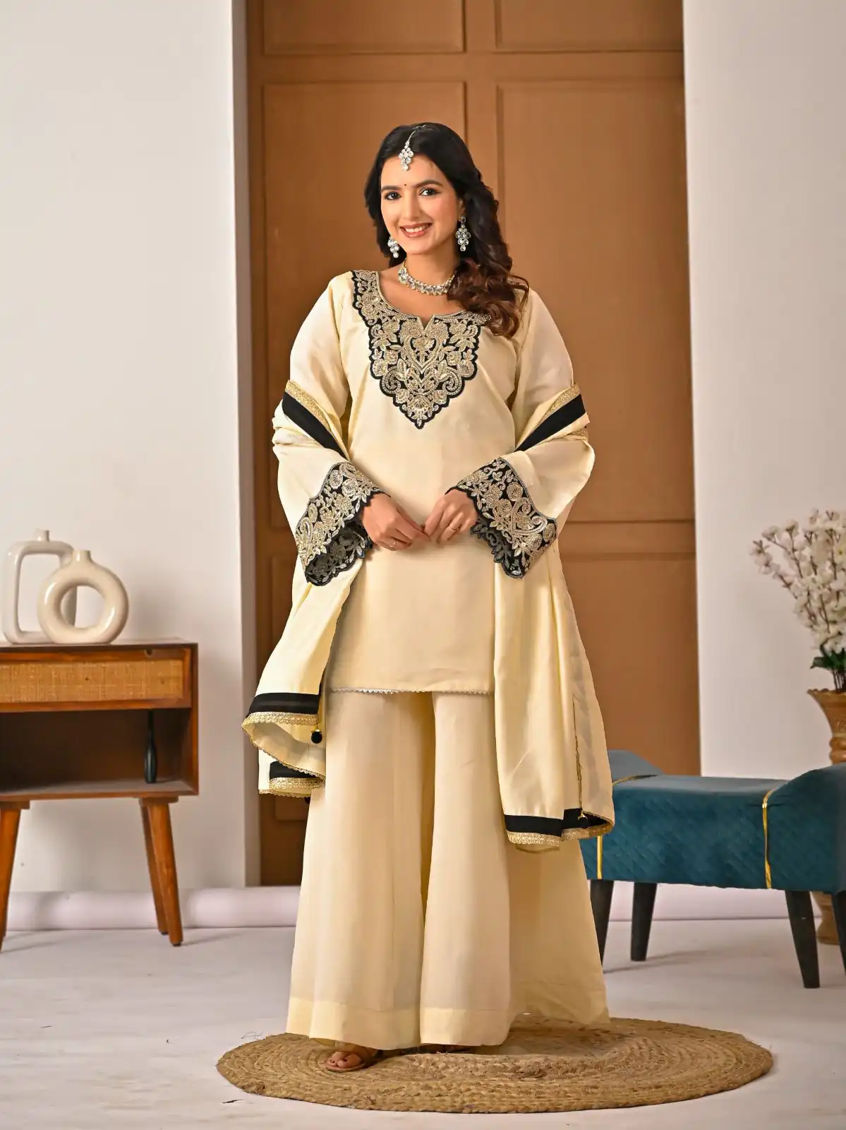 Shiny Cream Roman Silk Diamond Work Salwar Suit - Image 2