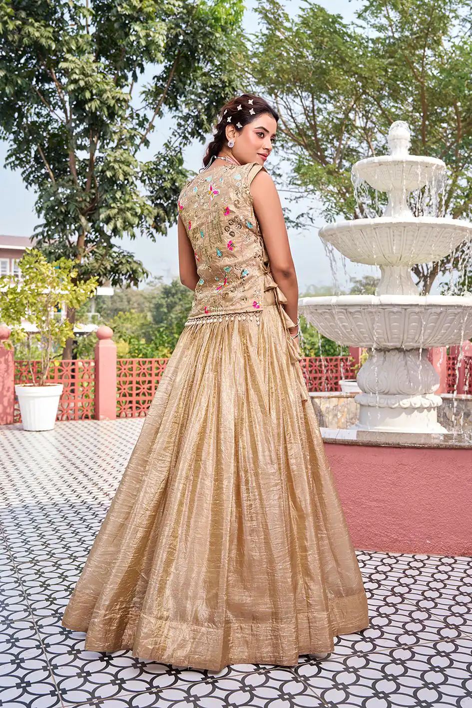 Solid Chiku Gold Crush Embroider Work Lehenga Choli - Image 3