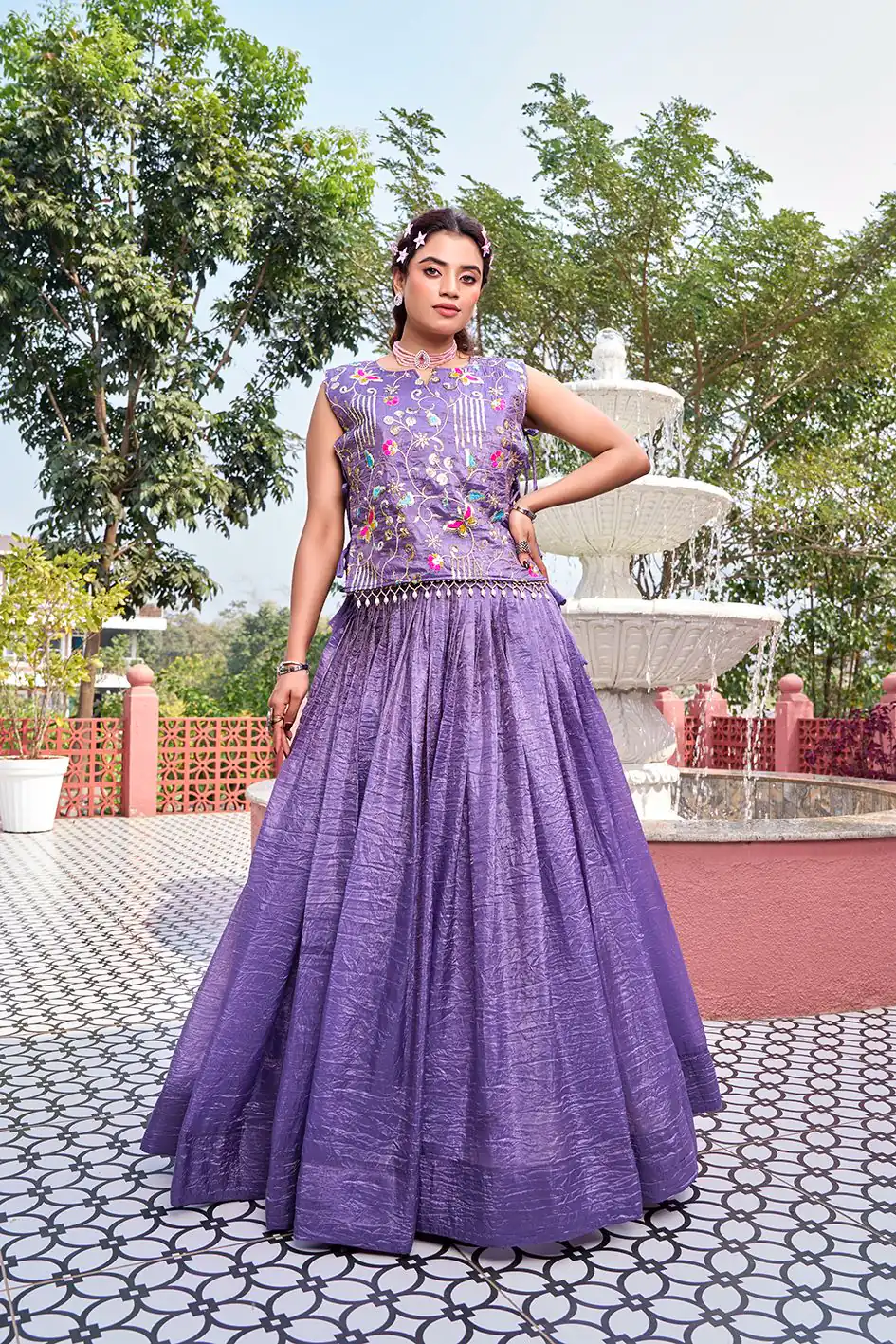 Solid Lavender Gold Crush Embroider Work Lehenga Choli - Image 3