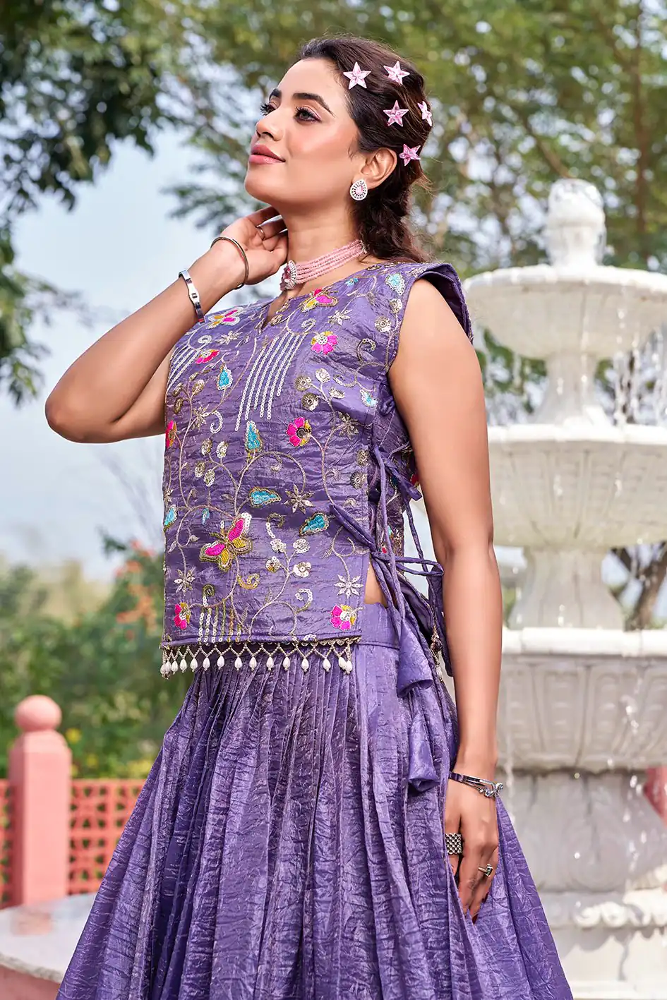 Solid Lavender Gold Crush Embroider Work Lehenga Choli - Image 2