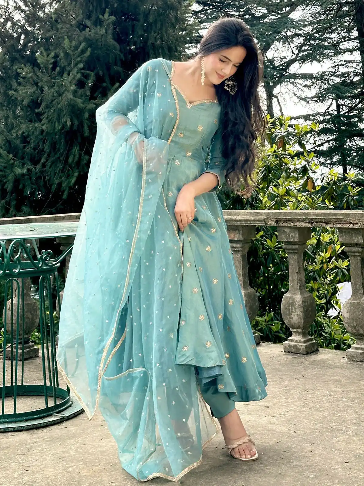 Solid Sky Blue Vichitra Silk Sequence Work Gown - Image 11