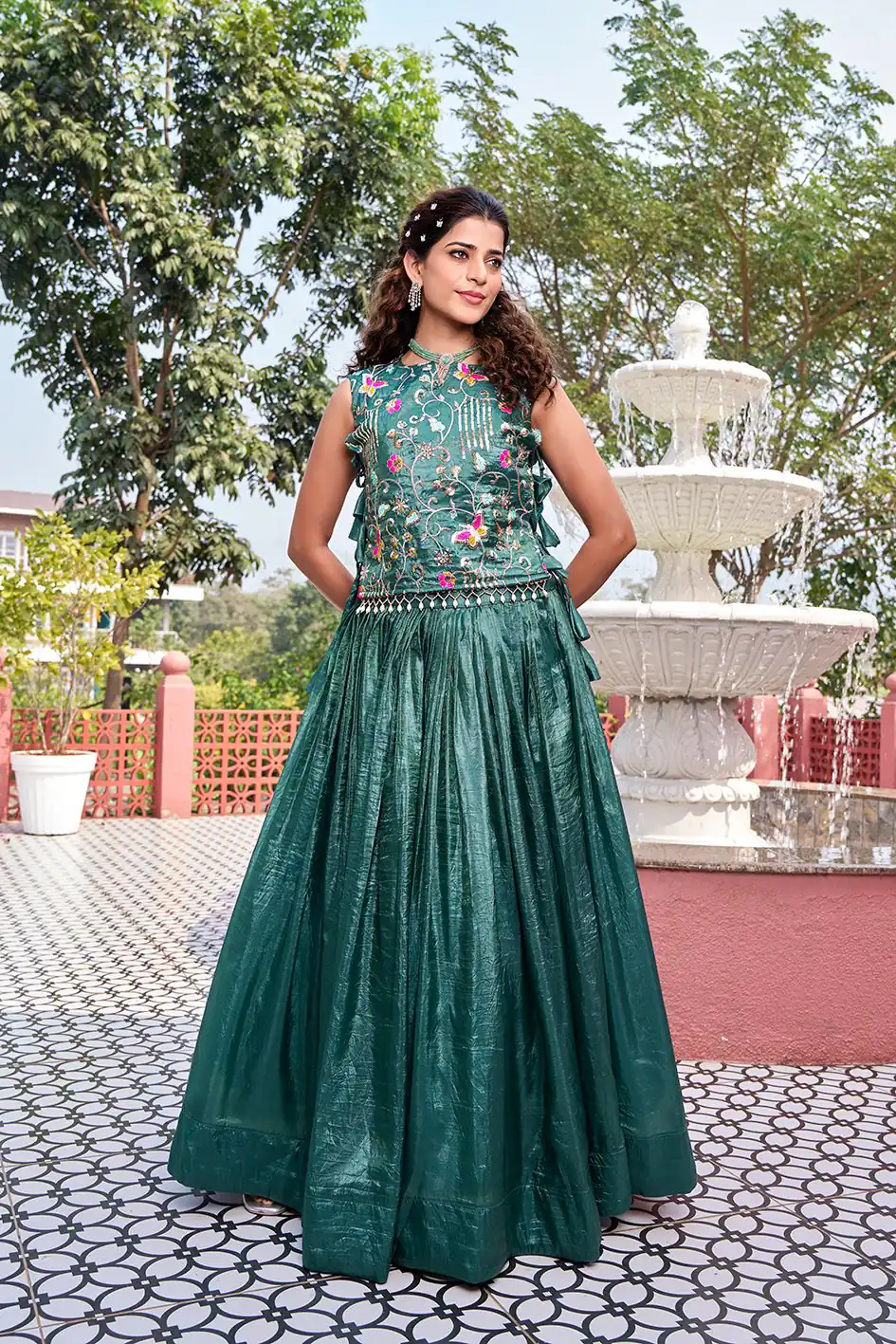 Solid Teal Green Gold Crush Embroider Work Lehenga Choli - Image 2