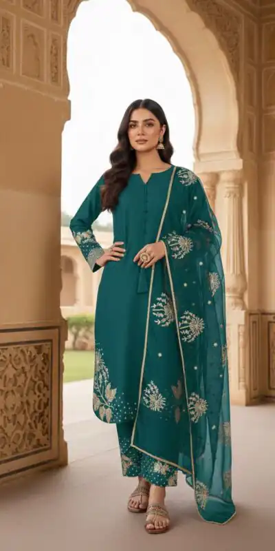 Stylish Teal Natural Crepe Sequence Work Salwar Suit