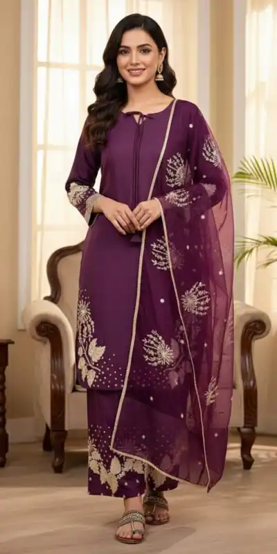 Stylish Wine Natural Crepe Sequence Work Salwar Suit