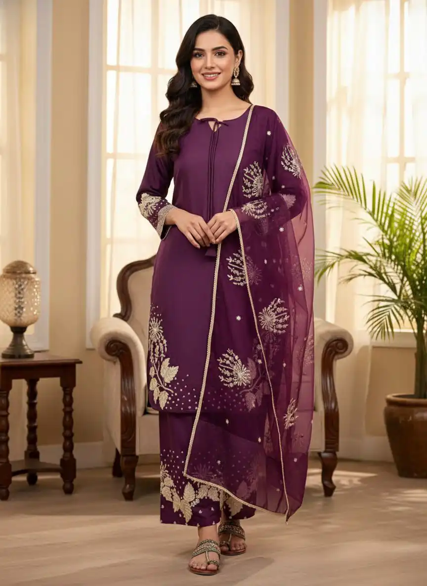 Stylish Wine Natural Crepe Sequence Work Salwar Suit