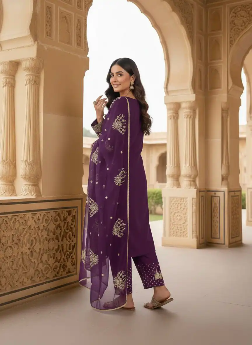 Stylish Wine Natural Crepe Sequence Work Salwar Suit - Image 3