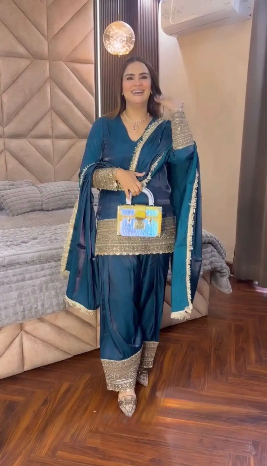 Super Teal Fendy Silk Embroidery Work Salwar Suit