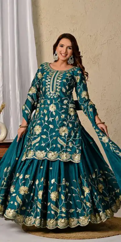 Superb Teal Chinon Silk Embroider Work Salwar Suit