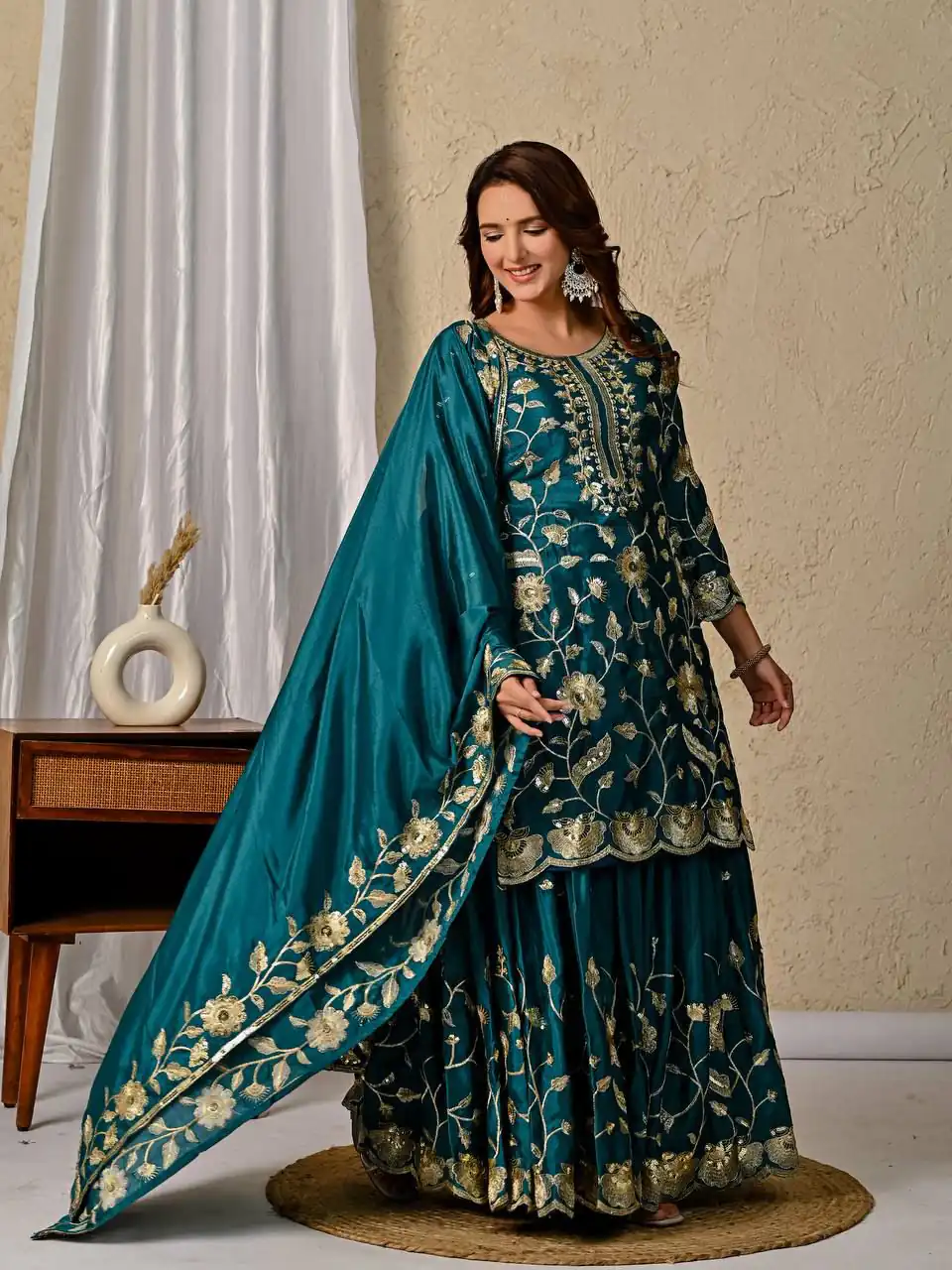 Superb Teal Chinon Silk Embroider Work Salwar Suit - Image 4
